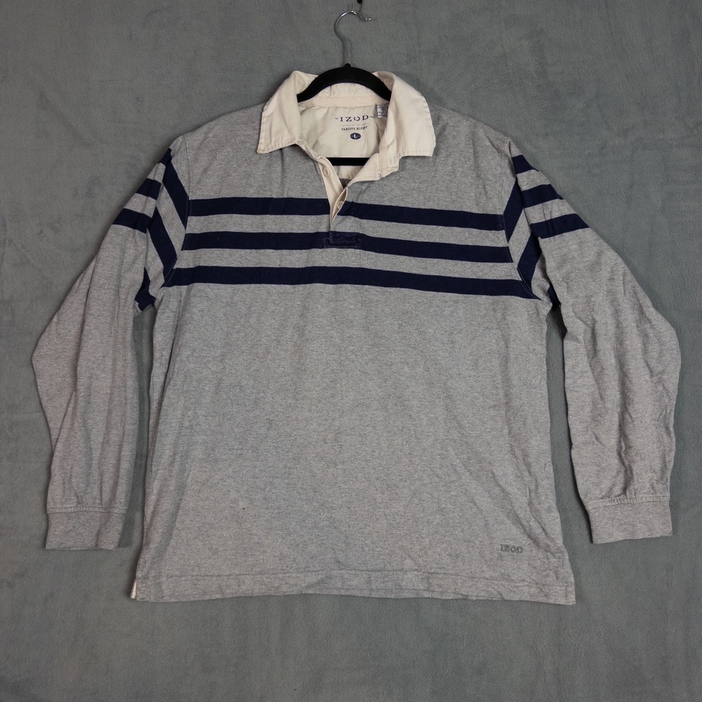 IZOD Rugby Shirt Mens Large Grey Navy Blue Striped Long Sleeve Cotton